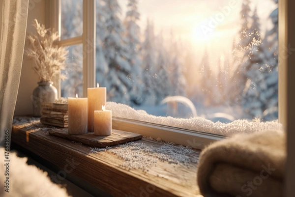 Obraz Cozy winter scene with candles and a snowy view during sunset