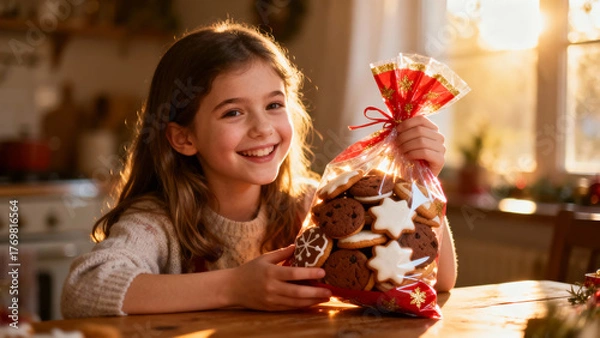 Obraz Girl holding bag of homemade cookies, a heartwarming gift moment, creating an atmosphere of sweet generosity and handmade care.