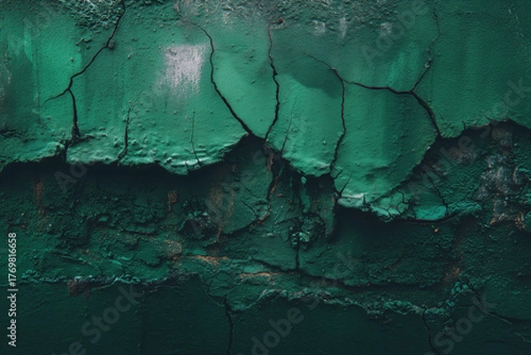 Obraz Textured green wall with cracks showing age and deterioration in an urban setting