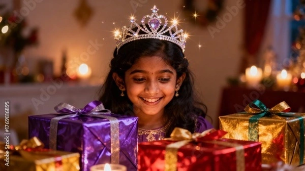 Fototapeta Indian girl with crown surrounded by gifts, a royal celebration moment, creating an atmosphere of cultural pride and joyful abundance.