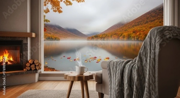 Fototapeta Cozy interior view overlooking misty autumn lake and colorful mountains.