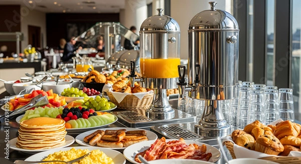 Fototapeta Ultra-realistic American hotel breakfast buffet with pancakes, scrambled eggs, bacon, sausages, pastries, fruits, and orange juice dispensers, modern dining hall filled with natural sunlight and warm 