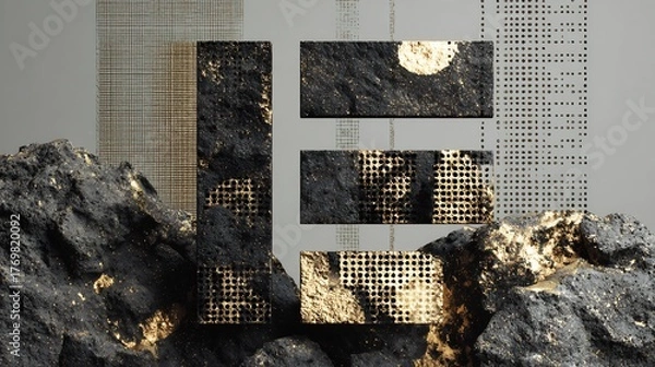 Fototapeta Abstract black and gold stone texture background with geometric shapes and modern art design elements
