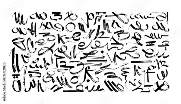 Fototapeta Modern abstract calligraphy with Arabic motifs, brush strokes, and letters. Arabic-style lettering and modern Gothic calligraphy. Background art with strokes and letters. Vector graphic banner