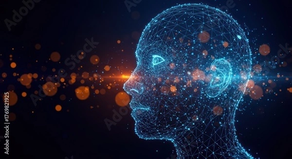 Obraz Digital human head profile with glowing particles on a dark background.