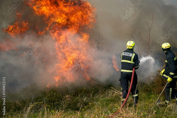 Fototapeta Wildfires fire burning with a lot of smoke, firefighters