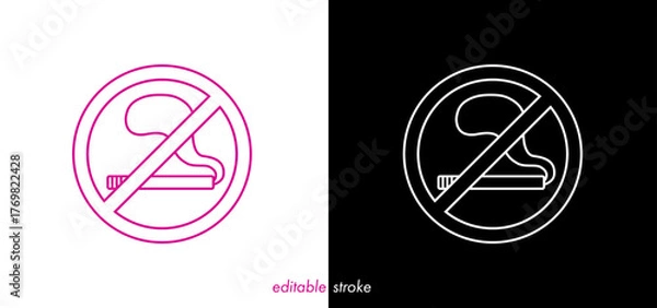Fototapeta Abstract editable stroke no smoking sign with cigarette vector illustration. Simple smoking prohibited symbol line art design.