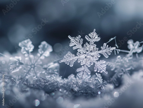 Fototapeta Snowflakes close-up in natural daylight macro photography