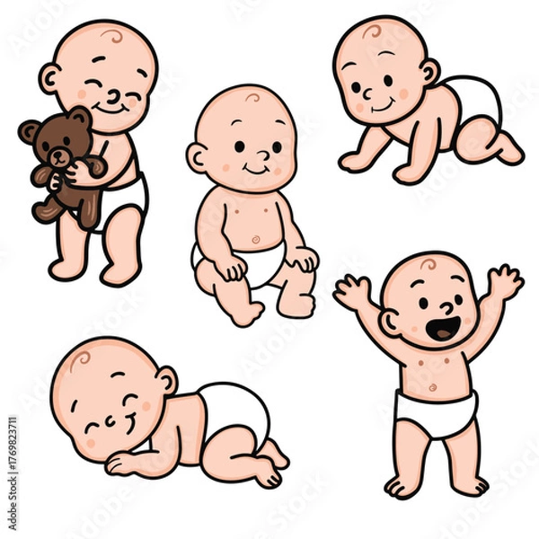 Fototapeta A cute baby character set featuring multiple poses including crawling,sitting,sleeping,standing and hugging a teddy bear.Adorable cartoon infant design with clean outlines and simple shapes.