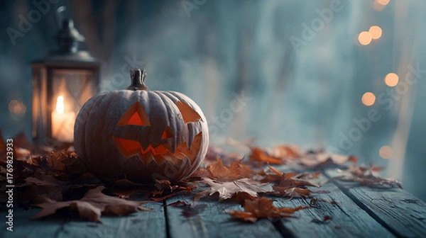 Fototapeta Spooky pumpkin with carved face on wooden table, surrounded by dry autumn leaves and soft candlelight, misty background, cinematic Halloween vibe