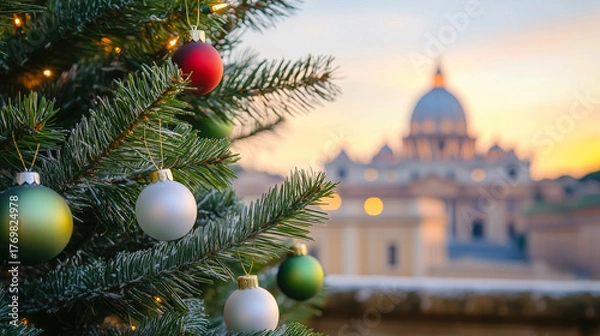 Fototapeta Christmas tree adorned with red, green, and white baubles, set against a sunset-lit skyline of Rome