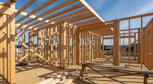 Fototapeta wooden frame structure of a suburban house under construction on a clear sunny day