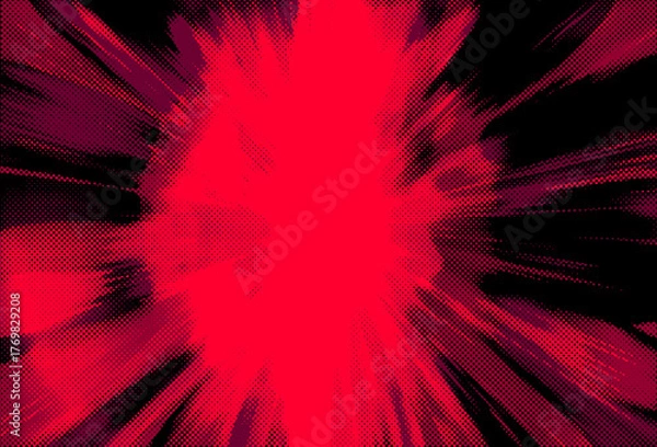 Fototapeta Manga-style background explodes in a dynamic radial burst of dotted red, magenta, and black rays from a glowing center. Sharp, streaking lines convey intense speed and power.
