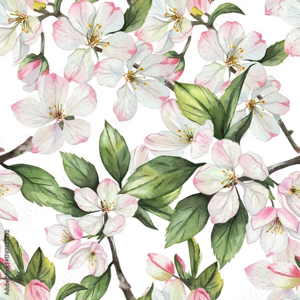 Obraz Seamless pattern. Twigs and flowers of an apple tree. Watercolor, white background. It is ideal for wallpaper, fabric, textile design, covers, wrapping paper, surface textures
