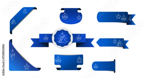 Fototapeta Abstract blue christmas ribbon set with vintage baubles, snowflakes vector. 3d price tag vector set to use for christmas sale, web offer, badge, price tag, christmas card, holiday offer. 