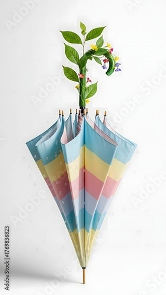 Obraz A striking vertical display combines vibrant umbrellas in shades of blue, pink, and yellow, adorned with lively plants, evoking a sense of fun and creativity