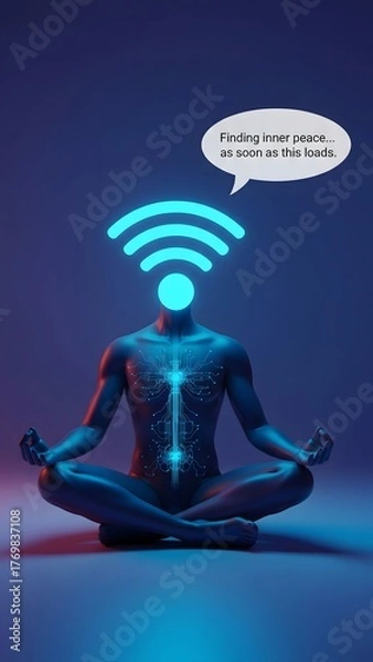 Fototapeta A serene figure sits cross-legged, meditating with a glowing outline of the body and energy flow. Signals above indicate a connection to technology and inner peace through mindfulness