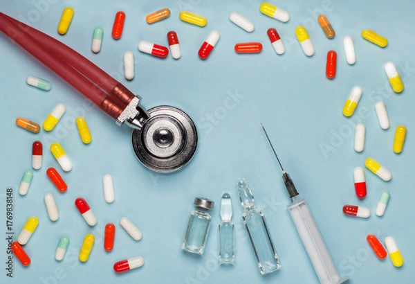 Fototapeta Medical pills and a phonendoscope, top view of a medical syringe and ampoules
