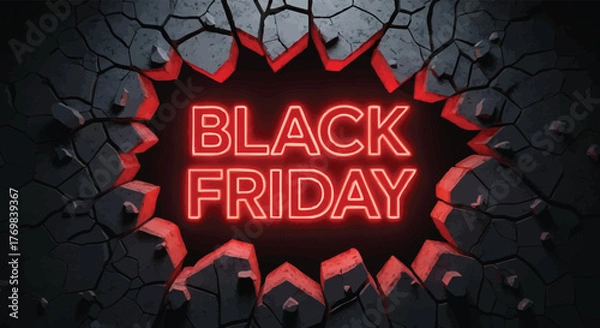 Fototapeta Black friday neon sign breaking through cracked wall with red glow effect