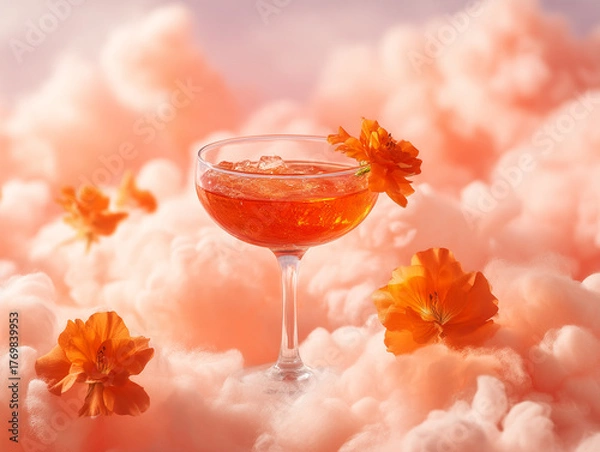 Fototapeta Colorful cocktail garnished with flowers sits atop fluffy pink cotton candy at a summer party