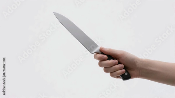 Obraz A hand holding a kitchen knife against a white background. Clean and simple image for culinary or kitchen-related themes.