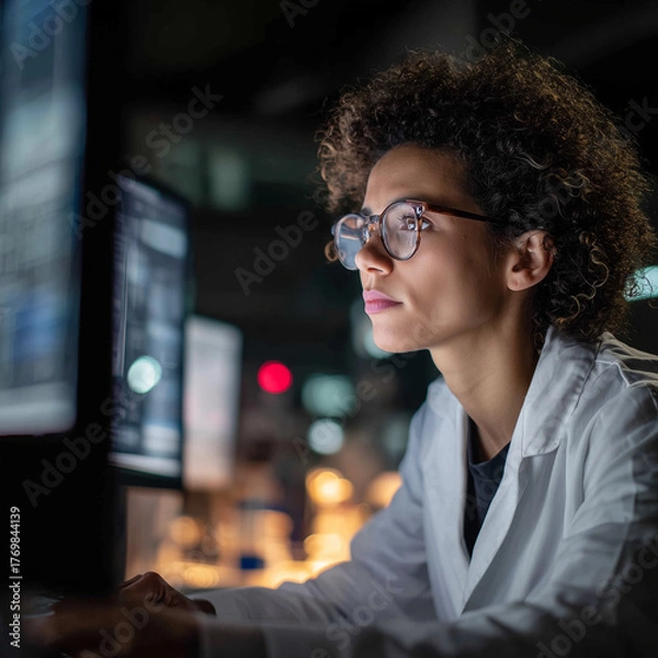 Obraz Scientist Working at Computer in Laboratory at Night
