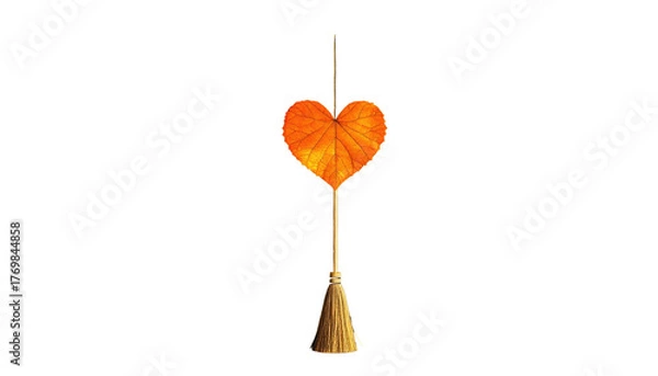 Fototapeta Heart-shaped autumn leaf atop a tassel on a black background, lit to highlight details