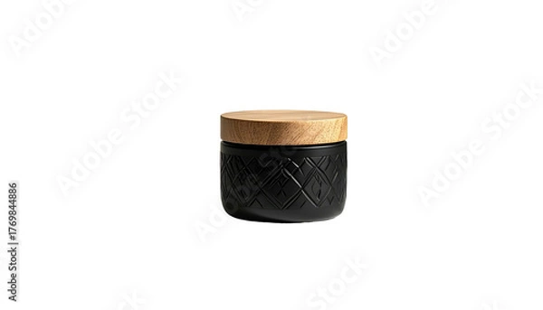 Obraz Black patterned jar with wooden lid, centered on a black background, casting subtle shadows to the right
