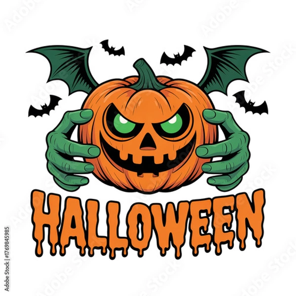 Fototapeta Spooky Halloween Pumpkin with Green Hands, Bats, and 'Halloween' Text on Transparent Background