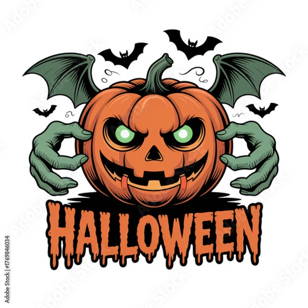 Fototapeta Spooky Halloween Pumpkin with Zombie Hands and Bats on Transparent Background Illustration