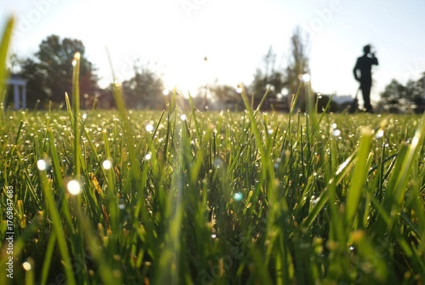 Obraz green grass with drops of morning dew in the rays of the rising sun. beauty in nature. drops of water sparkle in the sun like scattered pearls