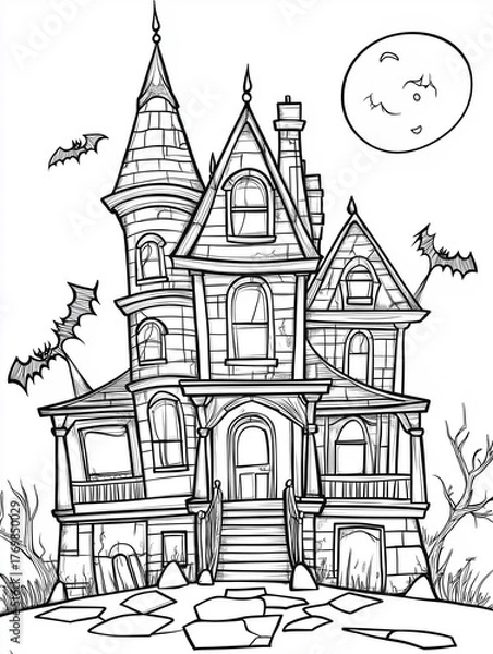 Fototapeta Haunted house with bats and huge moon, coloring page for Halloween