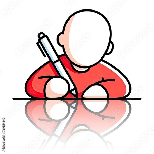 Fototapeta Cartoon Illustration of a Person Writing on a Surface Reflecting in Bright White Background