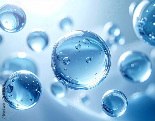 Fototapeta Blue water droplets floating. Macro background material for medical cosmetics. Water molecules.　青い水滴が浮かぶ　医療コスメ用のマクロ背景素材　水の分子