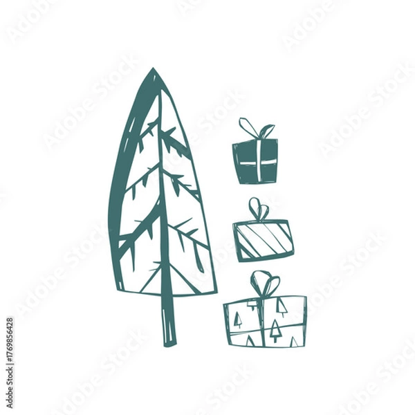 Fototapeta Scandinavian christmas tree with hand drawn gifts in folk art style simple nordic festive composition for modern design projects