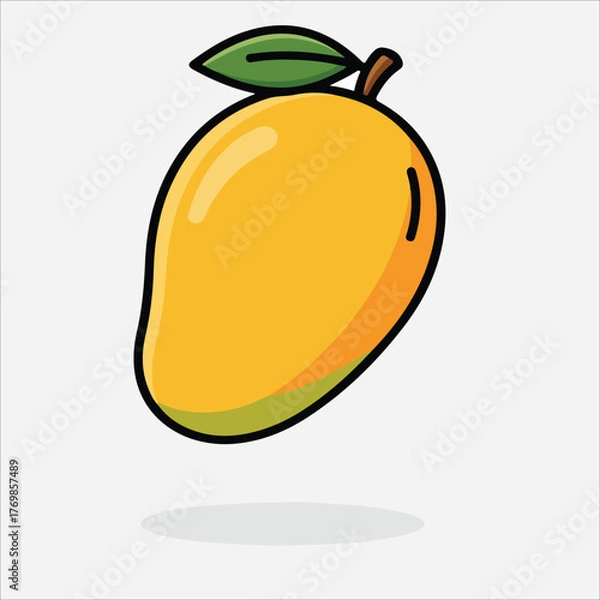 Fototapeta Illustration of a ripe mango with a green leaf on a white background, simple flat design.