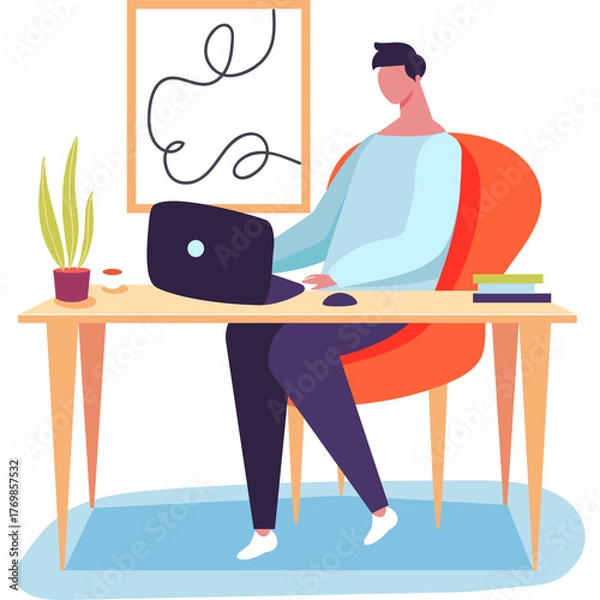 Obraz Man Sitting at Desk Working on Laptop in an Office Space With Orange Chair and Modern Art on Wall
