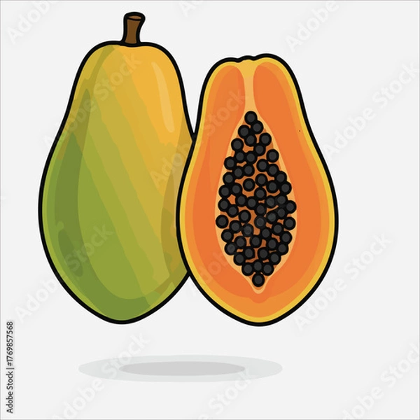 Fototapeta Illustration of a whole and halved papaya with seeds on a white background with flat design