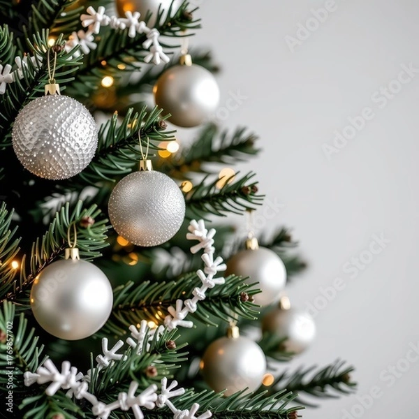 Fototapeta A festive Christmas tree branch adorned with shimmering silver baubles and delicate white ornaments, close-up, white decor