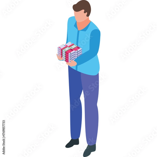 Obraz Man Standing Holding Wrapped Gift Box Tied With Red Ribbon Isolated On White Background