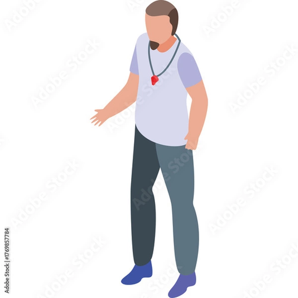 Obraz Man Standing With Red Pendant Necklace and Two Tone Pants Isolated on White Background