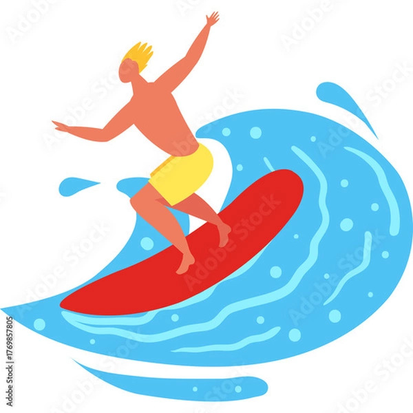 Fototapeta Man Surfing on a Red Surfboard in a Blue Wave Illustration with Yellow Shorts and Blonde Hair on a Transparent Background