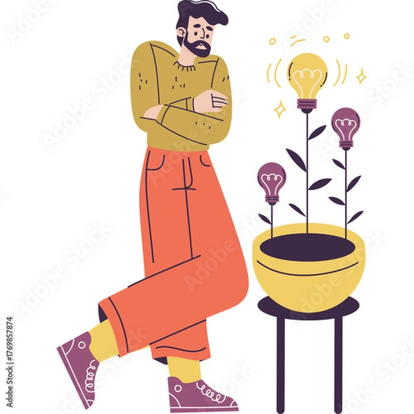 Obraz Man Thinking About Ideas Growing Like Plants With Lightbulbs Illustrating Innovation and Creativity In A Flat Design Style
