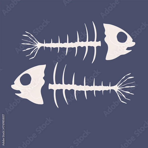 Obraz Set fishbones on a dark background. Fishbone or fish bone skeleton flat vector 