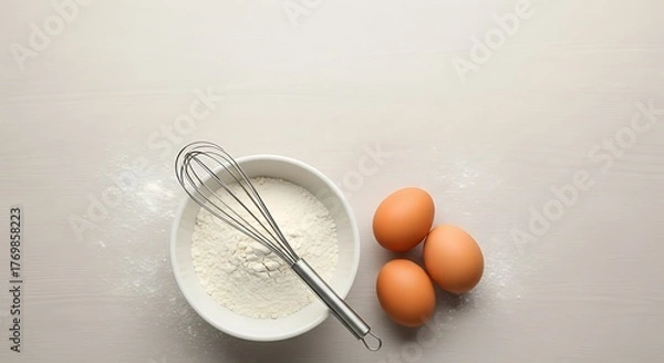 Obraz Minimalist baking preparation with ingredients, eggs and mixing utensils