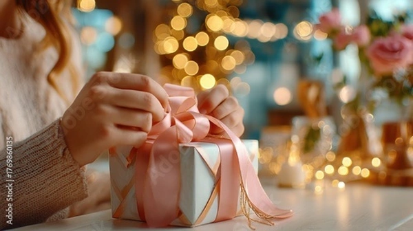 Fototapeta Woman tying pink ribbon on elegant gift box at cozy festive table, warm bokeh lights and flowers. gift wrapping. Concept holiday preparation and heartfelt celebration, empty space for text, copyspace