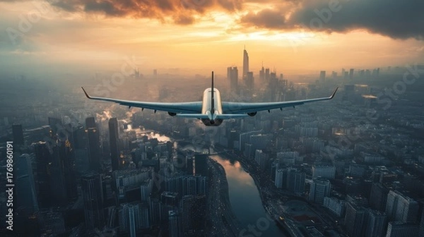 Fototapeta A plane is flying over a city with a river below