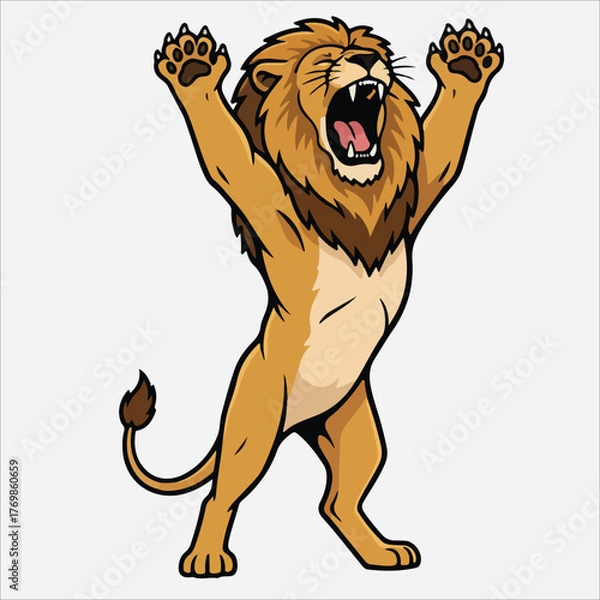 Fototapeta Cartoon illustration of a roaring lion with raised paws against a clean white background.
