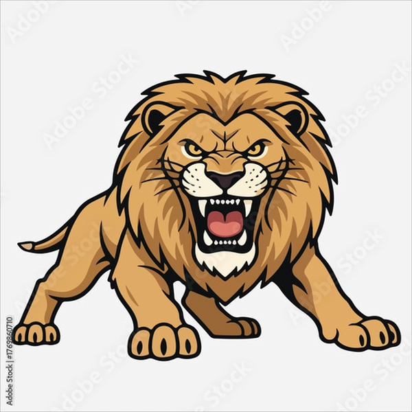 Fototapeta A cartoon lion with an open mouth and sharp teeth in a threatening stance against a plain white background.