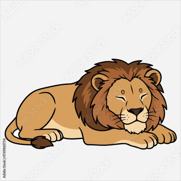Fototapeta A cartoon lion lying down with its eyes closed on a solid white background.